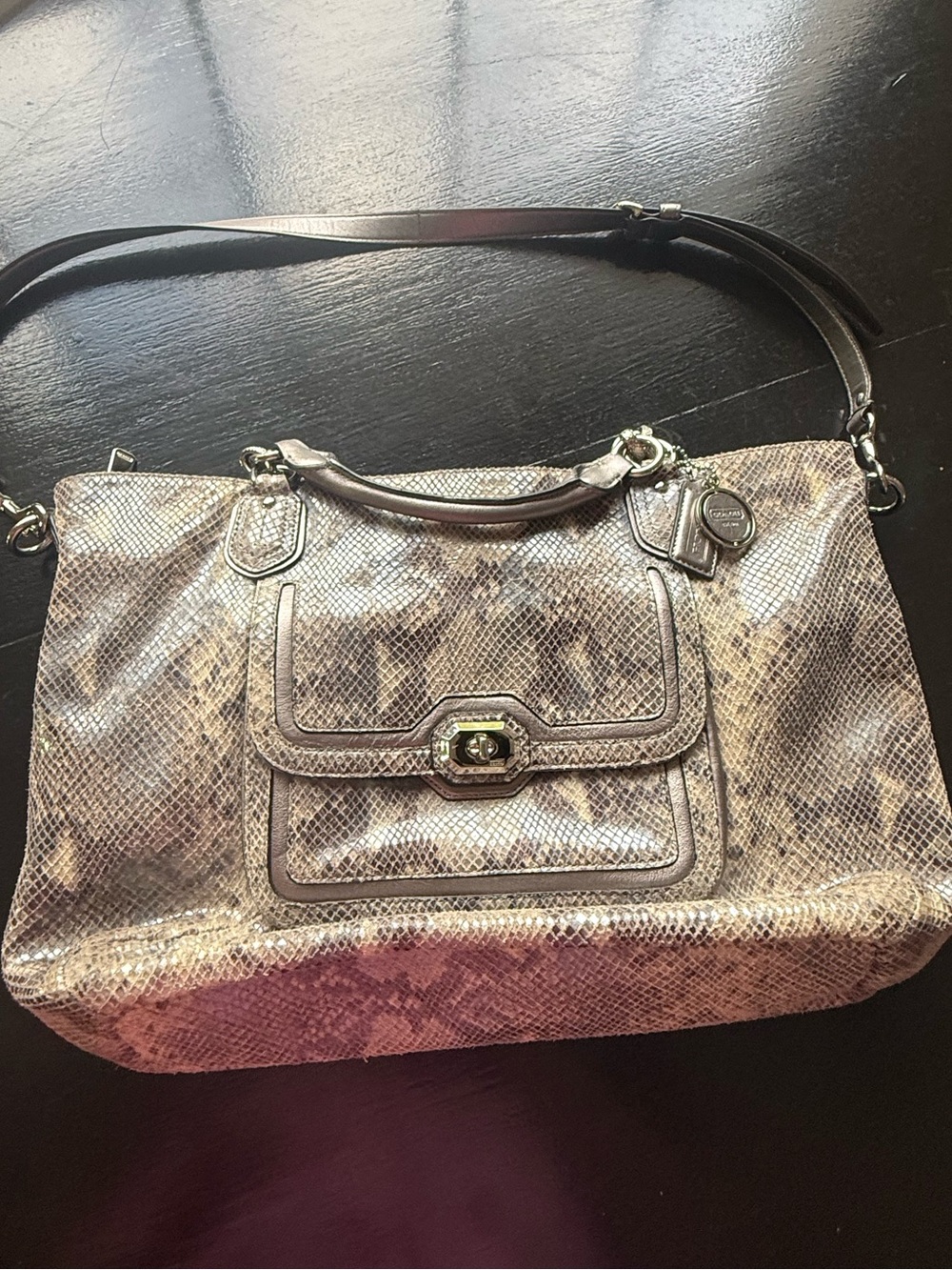 Coach Metallic Snakeskin Print Satchel Shoulder Bag F24852 Turnlock